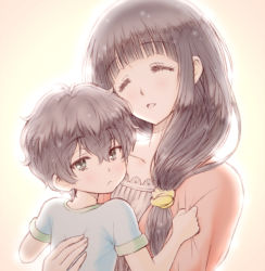 Rule 34 | 1boy, 1girl, aged down, aged up, black hair, bluez, blunt bangs, chitanda eru, closed eyes, commentary request, green eyes, hair over shoulder, hyouka, long hair, looking at viewer, mother&#039;s day, mother and son, open mouth, oreki houtarou, shirt, t-shirt, time paradox, wavy hair