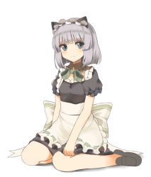 Rule 34 | 1girl, animal ears, bad id, bad pixiv id, breasts, cat ears, full body, grey eyes, konpaku youmu, loafers, looking at viewer, maid, maid headdress, mary janes, miya (tokumei), no socks, shoes, short hair, silver hair, simple background, small breasts, solo, touhou, white background