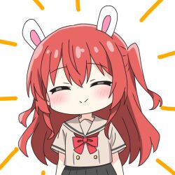 1girl ^_^ animal_ears arms_at_sides black_skirt blush bocchi_the_rock! bow bowtie brown_cardigan buttons cardigan closed_eyes closed_mouth commentary_request facing_viewer kita_ikuyo kotatsu-mazoku long_hair one_side_up pleated_skirt rabbit_ears red_bow red_bowtie red_hair school_uniform short_sleeves shuka_high_school_uniform simple_background skirt smile solo upper_body white_background