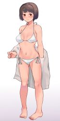 Rule 34 | 1girl, barefoot, bikini, breasts, brown eyes, brown hair, full body, gradient background, highres, hyuuga (kancolle), jacket, kantai collection, looking at viewer, medium breasts, short hair, solo, standing, swimsuit, tooku nomura (artist), undressing, white background, white bikini, white jacket