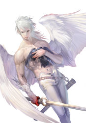 Rule 34 | 1boy, absurdres, angel, bird, highres, male focus, original, simple background, solo, sword, takayama toshiaki, topless male, weapon, white hair, wings