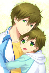 Rule 34 | 10s, 2boys, aged down, brown hair, child, free!, green eyes, hug, male focus, mo (nmnme), multiple boys, multiple persona, open mouth, short hair, smile, tachibana makoto, time paradox