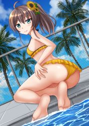 Rule 34 | 1girl, ahoge, ass, bare arms, bare legs, bare shoulders, barefoot, bikini, blue sky, blurry, blurry background, blush, breasts, brown hair, chain-link fence, cloud, cloudy sky, day, depth of field, fence, flower, frilled bikini, frills, green eyes, grin, hair between eyes, hair flower, hair ornament, highres, hololive, kazenokaze, looking at viewer, natsuiro matsuri, natsuiro matsuri (hololive summer 2019), orange bikini, outdoors, palm tree, poolside, side ponytail, sidelocks, sky, small breasts, smile, soles, solo, sunflower, sunflower hair ornament, swimsuit, tree, virtual youtuber, water, wet, yellow flower