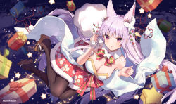 Rule 34 | 1girl, animal ears, artist name, bag, bare shoulders, black pantyhose, bow, breasts, christmas, cleavage, closed mouth, copyright request, eyebrows, fingernails, hair ornament, highres, holding, holding bag, kamishiro natsume, large breasts, long hair, long sleeves, looking at viewer, nail polish, official art, pantyhose, pink nails, purple hair, red eyes, ribbon, rosuuri, sandals, shoes, signature, skirt, smile, solo, virtual youtuber, wide sleeves
