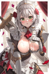 Rule 34 | 1girl, :d, absurdres, alternate breast size, apron, armor, blurry, blurry background, blush, bottle, braid, breasts, curtains, dodota, falling petals, flower, gauntlets, genshin impact, green eyes, grey hair, hair flower, hair ornament, headdress, highres, indoors, large breasts, leaning forward, looking at viewer, maid apron, milk bottle, noelle (genshin impact), open mouth, petals, raised eyebrows, red flower, red rose, rose, rose petals, short hair, smile, solo, suggestive fluid, sweat, sword, weapon, weapon on back, wet, window