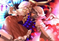 Rule 34 | 2girls, :d, arms at sides, ascot, bat wings, battle, blonde hair, bow, bullet, closed mouth, commentary request, crystal, danmaku, diffraction spikes, dress, duel, energy ball, eye contact, feet out of frame, fingernails, flandre scarlet, floating hair, frilled dress, frilled hat, frilled shirt, frilled shirt collar, frilled sleeves, frills, glowing, green hair, hands up, hat, hat ribbon, jumping, kerok (joniko1110), leaning forward, lens flare, light purple hair, long dress, looking at another, magic circle, medium hair, mob cap, multiple girls, nail polish, one side up, open mouth, orange eyes, outstretched hand, pink nails, profile, puffy short sleeves, puffy sleeves, red bow, red dress, red eyes, red ribbon, remilia scarlet, ribbon, ribbon-trimmed headwear, ribbon trim, sash, sharp fingernails, shirt, short hair, short hair with long locks, short sleeves, siblings, sidelocks, sisters, skirt, skirt set, smile, swept bangs, touhou, very long fingernails, white headwear, white shirt, white skirt, wings, wrist cuffs, yellow ascot