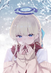 1girl absurdres alternate_costume blonde_hair blue_archive blue_eyes blue_halo blurry blurry_background braid cold commentary halo highres hojiro_same long_hair looking_at_viewer red_scarf scarf shirt snow solo toki_(blue_archive) upper_body white_shirt winter