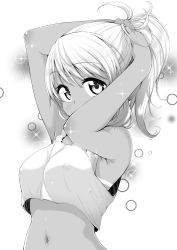 Rule 34 | 1girl, akino sora, armpits, bare arms, bare shoulders, commentary request, copyright request, covered erect nipples, covered mouth, crop top, greyscale, hair ornament, hair scrunchie, highres, looking at viewer, monochrome, navel, scrunchie, solo, tan, tanline, tying hair, upper body