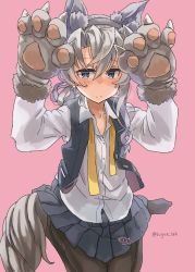 Rule 34 | 1girl, animal ears, animal hands, asymmetrical hair, black pantyhose, blush, buttons, closed mouth, collarbone, collared shirt, grey eyes, grey skirt, grey vest, hair between eyes, highres, kantai collection, long sleeves, nowaki (kancolle), pantyhose, pink background, pleated skirt, shirt, short hair, silver hair, simple background, skirt, solo, sugue tettou, tail, twitter username, vest, white shirt, wolf ears, wolf paws, wolf tail