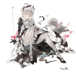 Rule 34 | absurdres, apron, arknights, black dress, black footwear, closed mouth, dress, earrings, frilled dress, frills, full body, grey eyes, grey hair, head wings, highres, irene (arknights), irene (voyage of feathers) (arknights), jewelry, juliet sleeves, jumbowhopper, long hair, long sleeves, looking at viewer, maid, maid headdress, mary janes, official alternate costume, pantyhose, ponytail, puffy sleeves, shoes, simple background, sitting, white apron, white background, white pantyhose, wings