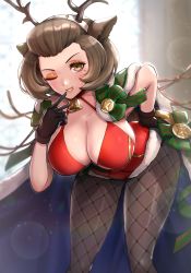 Rule 34 | 1girl, ;d, animal ears, antlers, bell, bent over, black pantyhose, blush, breasts, brooch, brown eyes, brown gloves, brown hair, cape, choker, christmas, cleavage, commentary, deer antlers, deer ears, eyeshadow, fake animal ears, fake antlers, female focus, fire emblem, fire emblem: three houses, fire emblem heroes, fishnet pantyhose, fishnets, fur cape, fur trim, gloves, gonzarez, grin, highres, horns, intelligent systems, jewelry, large breasts, leotard, lips, lipstick, looking at viewer, makeup, manuela casagranda, mole, mole under eye, neck bell, nintendo, official alternate costume, one eye closed, open mouth, orange eyeshadow, orange lips, pantyhose, red leotard, shiny clothes, shiny skin, short hair, sideboob, smile, solo, teeth, thick thighs, thighs, v, window
