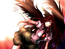 Rule 34 | 1girl, black wings, brown hair, cape, covering one eye, gradient background, hair ornament, hair ribbon, light, light rays, long hair, looking away, miata (miata8674), outstretched arm, parted lips, puffy sleeves, red eyes, reiuji utsuho, ribbon, shirt, short sleeves, skirt, solo, third eye, touhou, wings