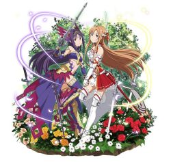 Rule 34 | 2girls, armor, asuna (sao), boots, brown eyes, brown hair, choker, elbow gloves, fingerless gloves, floating hair, flower, full body, gloves, hair ribbon, high heels, holding, holding hands, holding sword, holding weapon, interlocked fingers, jpeg artifacts, knee pads, long hair, looking at viewer, midriff, miniskirt, multiple girls, navel, pleated skirt, purple gloves, purple legwear, red eyes, red flower, red ribbon, red skirt, ribbon, sheath, skirt, smile, standing, standing on one leg, stomach, sword, sword art online, thigh boots, thighhighs, very long hair, weapon, white armor, white background, white flower, white footwear, yellow flower, yuuki (sao), yuuki asuna