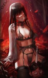 Rule 34 | 1boy, 1girl, absurdres, black bra, black garter belt, black garter straps, black hair, black panties, black ribbon, black thighhighs, blood, blood on clothes, bra, breasts, chain, chainsaw man, collarbone, commentary, dated, english commentary, facial scar, garter belt, garter straps, highres, lingerie, long hair, looking at viewer, neck ribbon, open clothes, open mouth, open shirt, panties, polka dot, polka dot bra, polka dot panties, red eyes, ribbon, ringed eyes, scar, scar on cheek, scar on face, shirt, signature, small breasts, solo focus, sweat, thighhighs, underwear, waligner, white shirt, yoru (chainsaw man)