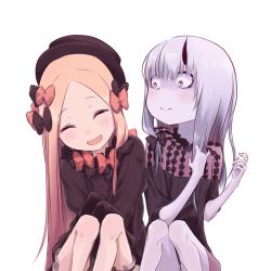 Rule 34 | 2girls, abigail williams (fate), bags under eyes, black bow, black dress, black headwear, blonde hair, bloomers, blue eyes, blush, bow, breasts, closed eyes, closed mouth, daisi gi, dress, fate/grand order, fate (series), forehead, hair between eyes, hair bow, hair ornament, highres, horns, laughing, lavinia whateley (fate), long hair, long sleeves, looking at another, multiple girls, multiple hair bows, open mouth, orange bow, pale skin, parted bangs, polka dot, polka dot bow, purple eyes, simple background, single horn, sleeves past fingers, sleeves past wrists, small breasts, smile, underwear, very long hair, white background, white bloomers