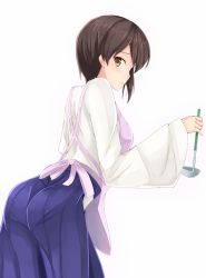 Rule 34 | 10s, 1girl, apron, ass, blush, brown eyes, brown hair, hakama, hakama skirt, japanese clothes, kaga (kancolle), kantai collection, kazasuzu, ladle, long sleeves, looking at viewer, looking back, personification, short hair, simple background, skirt, solo, white background, wide sleeves