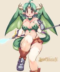Rule 34 | 1girl, ahoge, breasts, cleavage, curvy, dragon girl, green hair, highres, monster girl, original, pixiv fantasia, pixiv fantasia 4, solo, thighhighs, torn clothes, torn thighhighs, yu 3