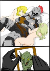 Rule 34 | 10s, 1boy, 2girls, 2koma, armor, ass, bad id, bad pixiv id, black gloves, blonde hair, closed eyes, clothed male nude female, colored sclera, colored skin, comic, completely nude, full armor, girl sandwich, gloves, goblin, goblin slayer, goblin slayer!, green hair, green skin, helmet, high elf archer (goblin slayer!), honyaa~, long hair, lying, marvel, medium hair, meme, multiple girls, nude, on back, on side, parody, photo (object), picture frame, pointy ears, priestess (goblin slayer!), sandwiched, short hair with long locks, sleeping, smile, wolverine (x-men), x-men, yellow sclera