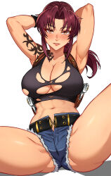 Rule 34 | 1girl, abs, absurdres, arm tattoo, armpits, arms up, black lagoon, black tank top, blue shorts, blush, breasts, brown eyes, brown hair, cetta (cettadvd), cleavage, crop top, cutoffs, denim, denim shorts, hair intakes, highres, large breasts, long hair, looking at viewer, midriff, navel, parted lips, ponytail, revy (black lagoon), shirt, short shorts, shorts, sidelocks, sitting, solo, spread legs, stomach, tank top, tattoo, thighs, torn clothes, torn shirt