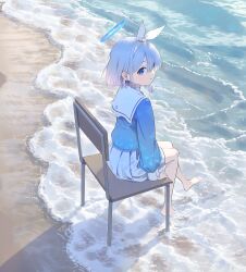 Rule 34 | 1girl, arona (blue archive), barefoot, beach, blue archive, blue eyes, blue hair, blue shirt, braid, chair, choker, commentary request, day, hair over one eye, hairband, halo, highres, light blue hair, looking at viewer, looking back, multicolored hair, ocean, on chair, outdoors, pink hair, purple hair, sailor collar, sand, school chair, school uniform, shirt, shore, short hair, sitting, skirt, smile, solo, two-tone hair, wasabi60, water, white choker, white hairband, white sailor collar, white skirt