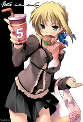 Rule 34 | 00s, 1girl, ahoge, artoria pendragon (all), artoria pendragon (fate), bag, blonde hair, burger, copyright name, cup, drinking straw, eating, fate/hollow ataraxia, fate/stay night, fate (series), food, green eyes, hair ribbon, holding, holding cup, kantoku, looking at viewer, official alternate costume, ribbon, saber (fate), shopping bag, solo