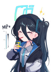 Rule 34 | 1girl, absurdly long hair, absurdres, aris (blue archive), black hair, black hairband, black skirt, blue archive, blue halo, blue necktie, blush, can, closed eyes, collared shirt, drinking, drinking straw, drinking straw in mouth, hairband, halo, highres, holding, holding can, huwa hu8, jacket, long hair, long sleeves, necktie, one side up, open clothes, open jacket, pleated skirt, shirt, simple background, skirt, solo, very long hair, wd-40, white background, white jacket, white shirt