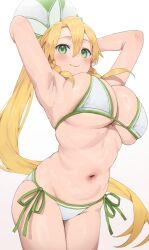 Rule 34 | 1girl, armpits, arms up, ball, beachball, bikini, blonde hair, blush, braided sidelock, breasts, cleavage, elf, fairy (sao), feet out of frame, green eyes, groin, hair between eyes, hair ornament, highres, large breasts, leafa, long hair, looking at viewer, navel, nekoshoko, pointy ears, ponytail, side-tie bikini bottom, simple background, smile, solo, stomach, swimsuit, sword art online, thighs, very long hair, white background