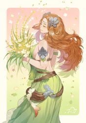 Rule 34 | 1girl, backless dress, backless outfit, bare shoulders, belt, border, bouquet, breasts, character name, circle, closed eyes, colored eyelashes, cowboy shot, detached sleeves, dress, falling petals, final fantasy, final fantasy xiv, floating hair, flower, forehead, from behind, gradient background, grass, green background, green dress, hair ornament, highres, holding, holding bouquet, lace, lace-trimmed dress, lace trim, large breasts, leaf hair ornament, long hair, nophica, orange hair, outside border, petals, pink background, shoulder blades, sideboob, simple background, sleeveless, sleeveless dress, smile, solo, standing, two-tone background, wavy hair, wheat, white border, white flower, wind, zmeoow