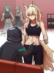 Rule 34 | +++, 1other, 3girls, = =, abs, absurdres, alternate costume, animal ear fluff, animal ears, arknights, bare shoulders, bike shorts, black jacket, black shorts, black sports bra, blonde hair, blush, breasts, collarbone, doctor (arknights), dumbbell, flying sweatdrops, green hair, grey pants, gwangvt, hand on own hip, highres, hood, hooded jacket, horns, hoshiguma (arknights), jacket, korean commentary, korean text, long hair, medium breasts, midriff, multiple girls, muscular, muscular female, navel, nearl (arknights), pants, poking, ponytail, saria (arknights), shorts, single horn, speech bubble, sports bra, standing, stomach, sweat, sweatpants, tail, thumbs up, triangle mouth, yellow eyes