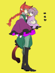 Rule 34 | 1boy, 1girl, animal ears, bad id, bad pixiv id, barefoot, boots, braid, carrying, carrying person, cat ears, cat tail, expressionless, full body, genderswap, genderswap (ftm), hand on another&#039;s chest, heart, kaenbyou rin, komeiji satori, looking at viewer, pink hair, princess carry, purple eyes, purple hair, red hair, shimana (cs-ts-az), simple background, single braid, standing, tail, touhou, yellow background, yellow eyes