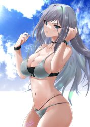 1girl bikini black_choker black_wristband blue_eyes blue_sky breast_tattoo breasts choker cleavage dated ethel_(xenoblade) grey_bikini grey_hair hair_intakes highres large_breasts long_hair looking_at_viewer navel nayuta-kanata parted_lips signature sky solo swimsuit tattoo very_long_hair xenoblade_chronicles_(series) xenoblade_chronicles_3