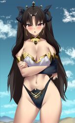 Rule 34 | 1girl, absurdres, armlet, bikini, black hair, blue sky, bracelet, breasts, cleavage, crossed arms, curvy, detached sleeves, earrings, fate/grand order, fate (series), gold trim, hair ribbon, highleg, highleg bikini, highres, hoop earrings, ishtar (fate), jewelry, kurozawa yui, large breasts, long hair, looking at viewer, mismatched bikini, neck ring, open mouth, parted bangs, red eyes, ribbon, single detached sleeve, sky, solo, swimsuit, thighs, thong, tiara, two side up