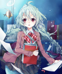 Rule 34 | 10s, 1girl, :o, angelfish, antenna hair, aqua hair, bermuda triangle, blazer, blush, book, bookshelf, bow, braid, bubble, cardfight!! vanguard, dress shirt, fins, fish, floating hair, goldfish, green hair, hair ribbon, head fins, holding, holding book, jacket, library, library madonna rion, long hair, long sleeves, looking to the side, mermaid, monster girl, neckerchief, open clothes, open jacket, open mouth, paper, papers, parted bangs, plaid, plaid skirt, pleated skirt, red eyes, ribbon, school uniform, shirt, skirt, solo, striped, tail, tropical fish, tsukasa kinako, twin braids, underwater, very long hair, vest, wing collar