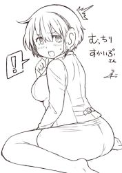 Rule 34 | !, 1girl, ^^^, ass, blush, breasts, commentary request, from behind, greyscale, hand up, headset, long sleeves, looking at viewer, looking back, monochrome, open mouth, pencil skirt, personification, round teeth, short hair, signature, sitting, skirt, skype, solo, spoken exclamation mark, sweatdrop, teeth, translation request, tsukigi, twitter-san, upper teeth only, vest