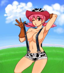Rule 34 | 1990s (style), 1girl, animal print, arm behind head, armpits, bad id, bad pixiv id, breasts, cloud, cow horns, cow print, cowboy hat, cowboy shot, cowboy western, creatures (company), fake horns, fringe trim, game freak, gloves, grass, gym leader, hat, horns, kitsune-tsuki (getter), large breasts, looking at viewer, medium breasts, naked suspenders, nintendo, one eye closed, outdoors, pink hair, pokemon, pokemon gsc, retro artstyle, revealing clothes, short shorts, shorts, sky, solo, standing, suspenders, tagme, topless, twintails, whitney (pokemon), wink