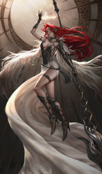 Rule 34 | 1girl, absurdres, breasts, breasts apart, brown eyes, commentary, dbswogh95, english commentary, feathered wings, full body, gauntlets, gradient background, hair ornament, halo, high heels, highres, holding, holding polearm, holding weapon, large breasts, long hair, long skirt, looking at viewer, original, parted lips, polearm, realistic, red hair, red lips, side slit, skirt, solo, spear, valkyrie, weapon, wings