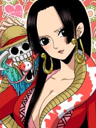 Rule 34 | 1girl, black eyes, black hair, blue hair, boa hancock, breasts, cleavage, earrings, female focus, hat, highres, horns, jacket, jewelry, long hair, one piece, red jacket, salome (one piece), skull, solo, straw hat