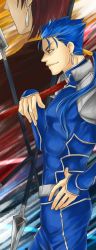 Rule 34 | 2boys, armor, bazett fraga mcremitz, blue hair, cu chulainn (fate), earrings, fate/hollow ataraxia, fate/stay night, fate (series), formal, gae bolg (fate), hand on own hip, highres, hip focus, jewelry, cu chulainn (fate/stay night), long hair, male focus, multiple boys, over shoulder, pink hair, polearm, ponytail, profile, purple hair, red eyes, ryugun, spear, suit, weapon, weapon over shoulder