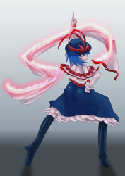Rule 34 | 1girl, blue hair, boots, dancing, female focus, hand on own hip, hat, high heels, jade (jyade), jade (zbbc), nagae iku, saturday night fever, scarf, shawl, shoes, solo, the iron of yin and yang, touhou