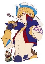 Rule 34 | !, 1boy, 1girl, bags under eyes, bare shoulders, blank eyes, blonde hair, brown hair, closed mouth, cropped jacket, drinking straw, fate/grand order, fate (series), gilgamesh (fate), gilgamesh (caster) (fate), high collar, holding, horns, jacket, mask, mouth mask, navel, open clothes, open jacket, red eyes, shirabi, siduri (fate), simple background, drinking, sleeveless, sleeveless jacket, turban, white background