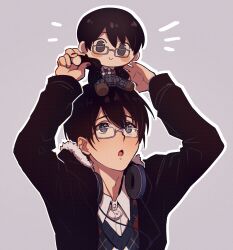 Rule 34 | 1boy, argyle, arms up, black hair, blush, blush stickers, character doll, collared shirt, doll, emphasis lines, glasses, grey background, grey eyes, headphones, headphones around neck, highres, hiyama kiyoteru, hiyama kiyoteru (vocaloid4), holding, holding doll, jacket, looking up, male focus, nifffi, open clothes, open jacket, open mouth, outline, shirt, simple background, solo, vocaloid, white outline