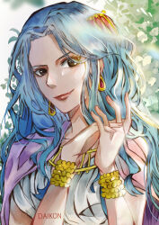 Rule 34 | 1girl, absurdres, artist name, blue hair, bracelet, brown eyes, cape, close-up, commentary, daikon illustrations, dress, earrings, english commentary, highres, jewelry, long hair, looking at viewer, nefertari vivi, one piece, plant, purple cape, sidelocks, simple background, smile, solo, upper body, white dress