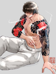 Rule 34 | 1boy, abs, arm tattoo, artist logo, artist name, bara, black hair, cigarette, covered eyes, crossed legs, feet out of frame, grey background, large pectorals, male focus, manly, mature male, messy hair, muscular, muscular male, nipples, on floor, original, owariya ranko, pants, pectorals, short hair, simple background, sitting, smile, smoke, smoking, solo, tattoo, teeth, thick arms, topless male