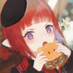 Rule 34 | 1girl, 2022, blunt bangs, blush, bread, bread slice, dress, final fantasy, final fantasy xiv, food, hat, highres, holding, holding food, lalafell, lettuce, onion, open mouth, original, pointy ears, purple eyes, red hair, sandwich, solo, sparkle, tomato, warrior of light (ff14)