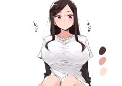 Rule 34 | 1girl, breasts, brown hair, closed mouth, color guide, hair ornament, hairclip, highres, huge breasts, layered sleeves, long sleeves, looking at viewer, mole, mole under eye, original, parted bangs, red eyes, rucchiifu, shirt, short over long sleeves, short sleeves, sitting, sketch, solo, upper body, white shirt