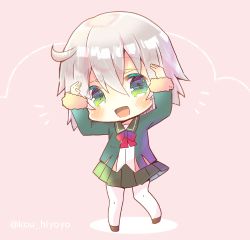 Rule 34 | 1girl, :d, ahoge, arms up, blush, bow, brown footwear, commentary request, full body, fur-trimmed sleeves, fur trim, green eyes, green jacket, green sailor collar, green skirt, hair between eyes, jacket, kantai collection, kou hiyoyo, long sleeves, looking at viewer, lowres, one-hour drawing challenge, open clothes, open jacket, open mouth, pantyhose, pink background, pleated skirt, red bow, sailor collar, school uniform, serafuku, shimushu (kancolle), shirt, silver hair, skirt, smile, solo, standing, standing on one leg, twitter username, white pantyhose, white shirt