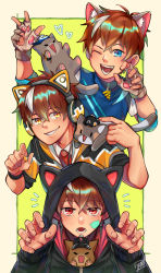 Rule 34 | 3boys, absurdres, animal, animal ear headphones, animal ears, animal hands, animal hood, animal on shoulder, backwards hat, baseball cap, black headwear, black jacket, blue eyes, blue headwear, blue shirt, boboiboy, boboiboy (character), boboiboy cyclone, boboiboy galaxy, boboiboy quake, boboiboy thunderstorm, border, brown cat, brown hair, cat, cat boy, cat ear headphones, cat ears, cat hood, cat on shoulder, claw pose, commentary, english commentary, fake animal ears, fingerless gloves, gloves, green background, grey cat, grey gloves, hair between eyes, hat, headphones, highres, hood, hood up, hooded jacket, jacket, looking at animal, looking at viewer, male focus, multicolored hair, multiple boys, multiple persona, one eye closed, open mouth, outside border, paw gloves, pawpads, red eyes, shirt, short hair, signature, simple background, smile, streaked hair, teeth, v, white hair, yellow eyes, yellow jacket, yukiredmix