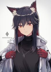 Rule 34 | 1girl, animal ear fluff, animal ears, arknights, artist name, black hair, black sweater, closed mouth, colored inner hair, highres, jacket, jewelry, long sleeves, looking at viewer, multicolored hair, nanatsuka, necklace, official alternate costume, open clothes, open jacket, red eyes, red hair, red jacket, simple background, smile, solo, sweater, texas (arknights), texas (winter messenger) (arknights), unbuttoned, white background, white jacket, wolf ears