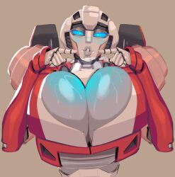 Rule 34 | absurdres, arcee, blue eyes, blue sclera, breasts, character request, colored sclera, highres, huge breasts, joints, mechanical arms, nezulet, puckered lips, robot, robot joints, simple background, tagme, transformers