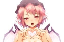 Rule 34 | 1girl, animal ears, ayagi daifuku, blush, breasts, hat, heart, heart-shaped pupils, heart hands, mystia lorelei, open mouth, pink hair, red eyes, short hair, simple background, sketch, small breasts, smile, solo, symbol-shaped pupils, touhou, white background, wings